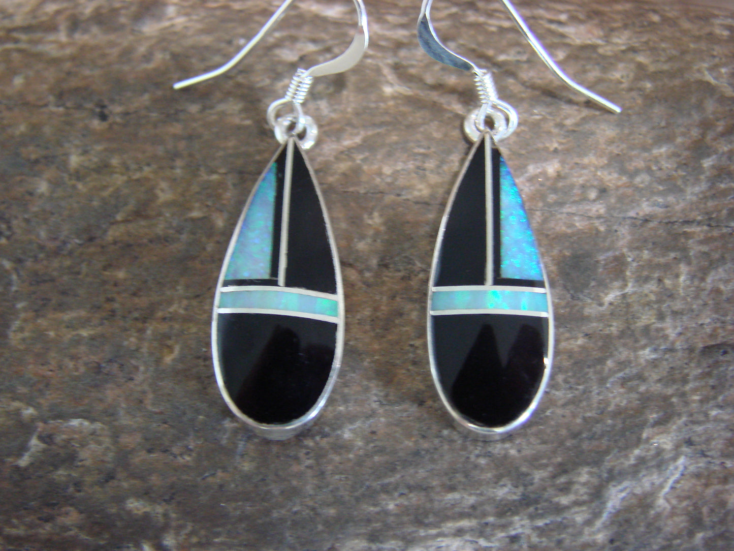 Native American Sterling Silver & Onyx Inlay Dangle Earrings by Manygoats