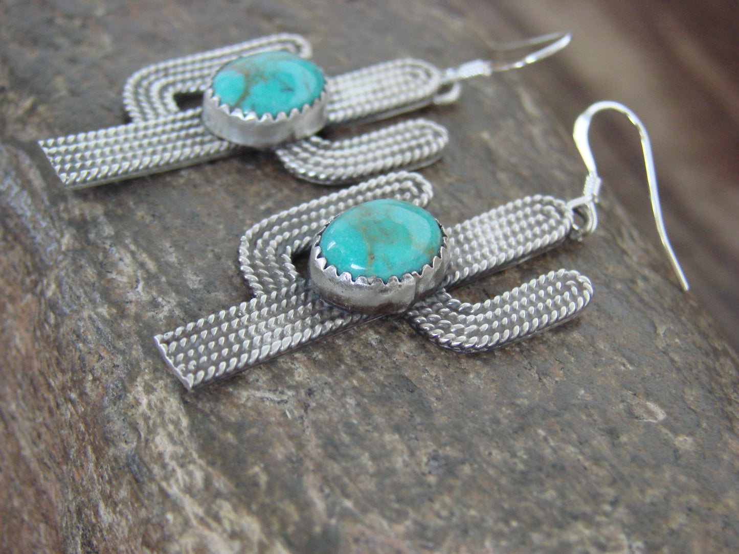 Native American Sterling Silver Turquoise Cactus Dangle Earrings - Chiquito