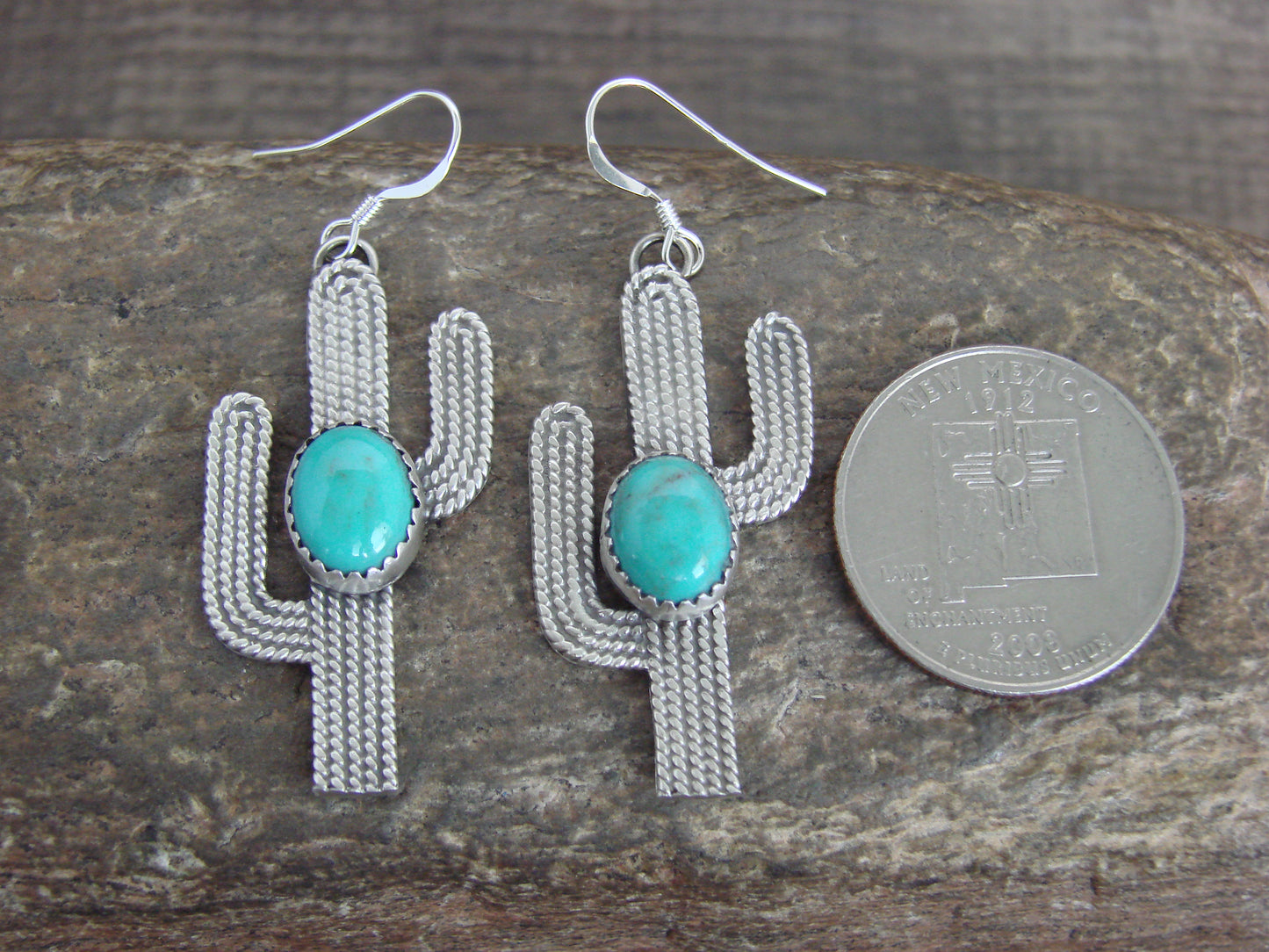 Native American Sterling Silver Turquoise Cactus Dangle Earrings - Chiquito