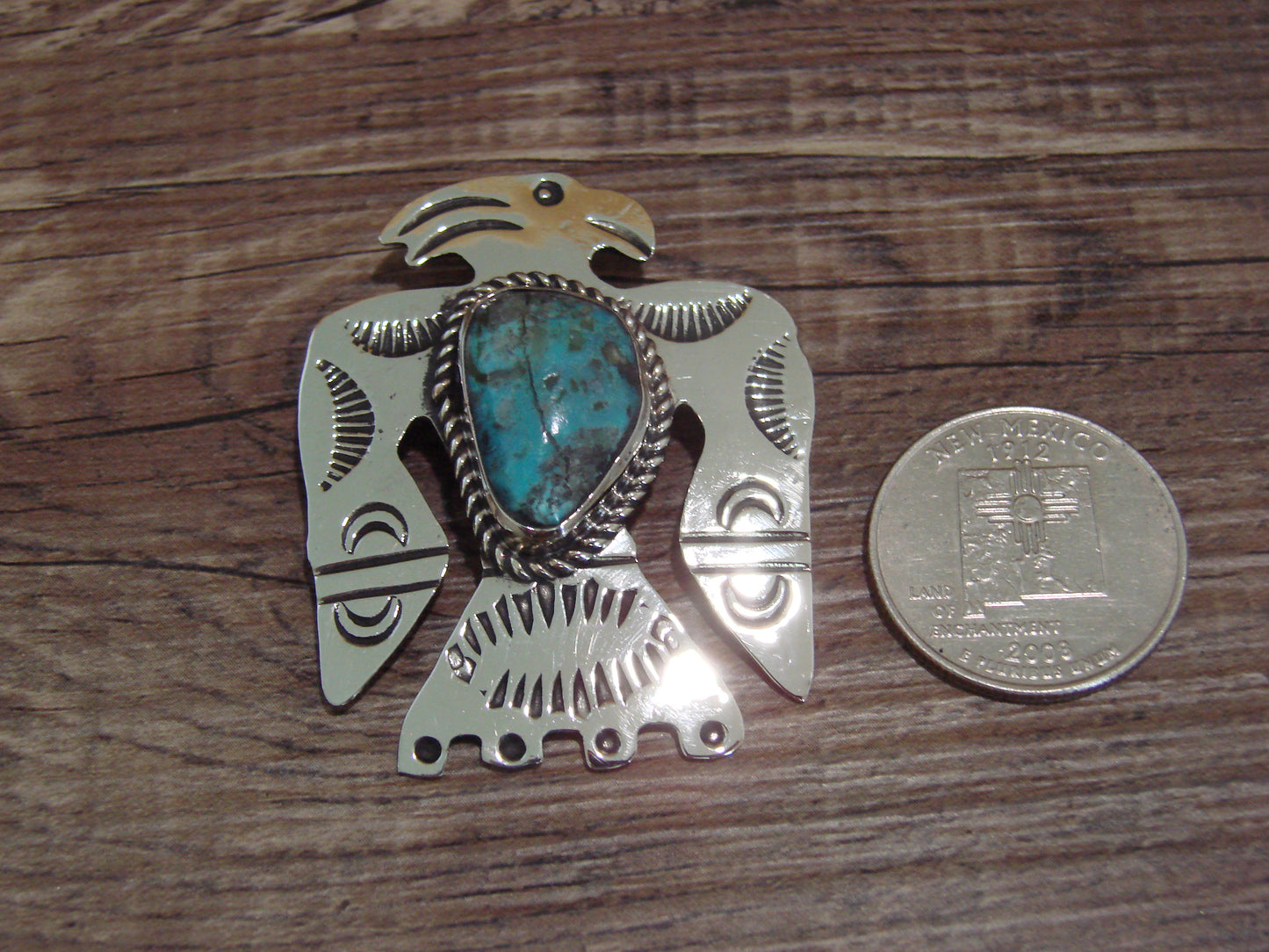 Navajo Indian Nickel Silver & Turquoise Parrot Pendant - Cleveland