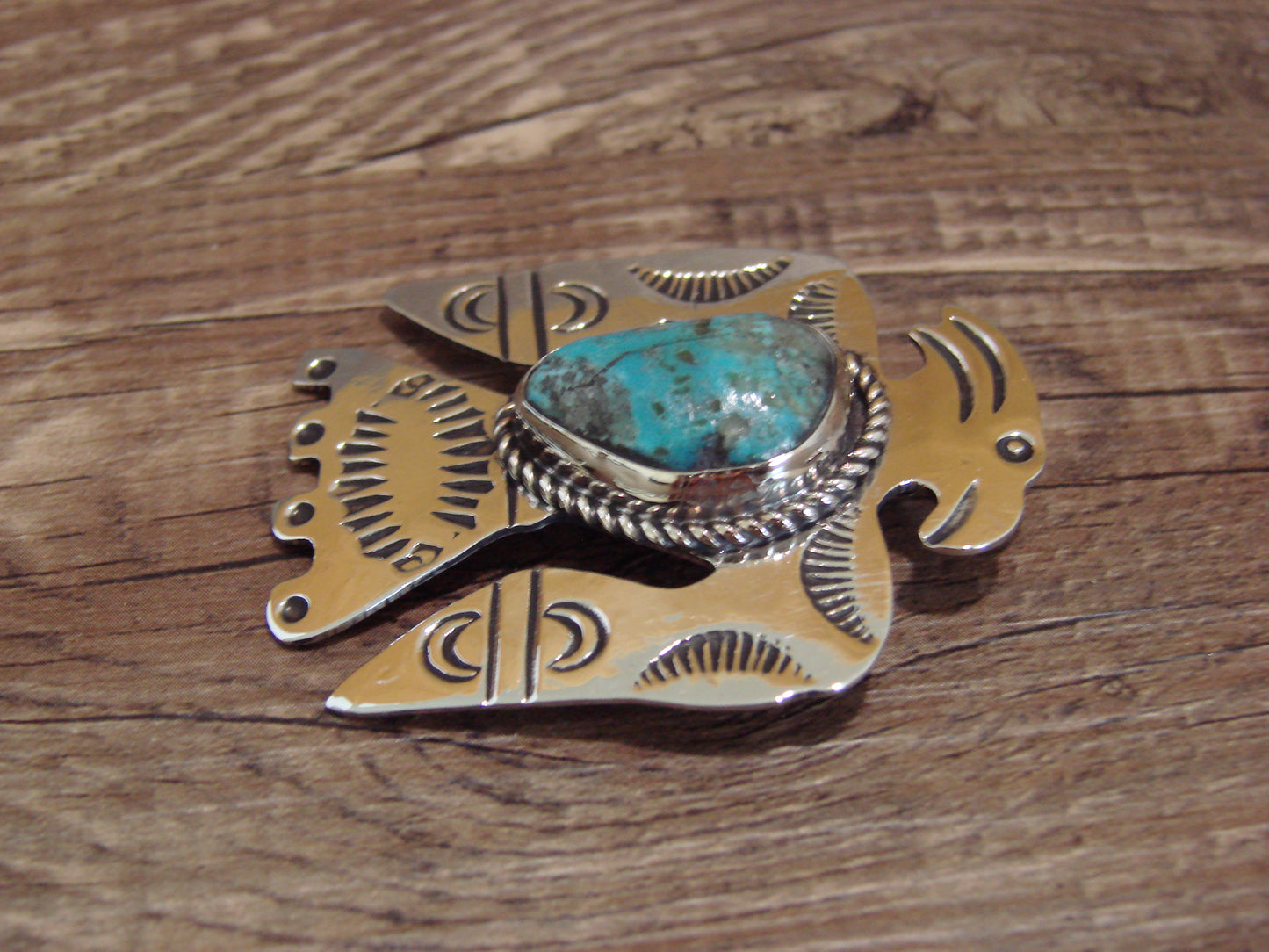 Navajo Indian Nickel Silver & Turquoise Parrot Pendant - Cleveland