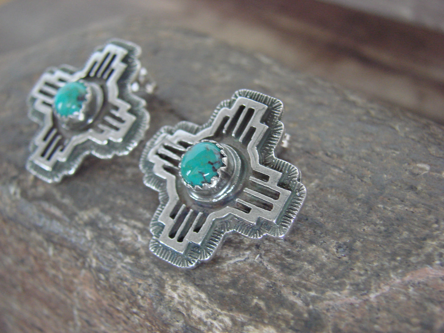 Native American Sterling Silver & Turquoise Zia Post Earrings - Yazzie