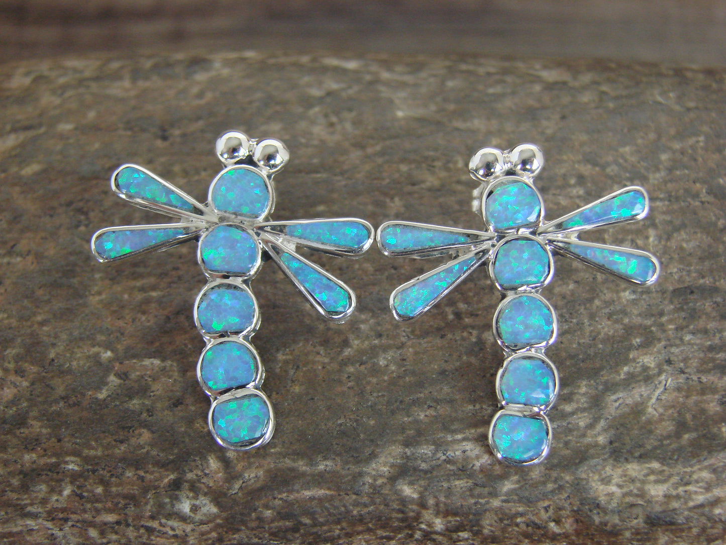 Native American Sterling Silver Blue Opal Dragonfly Post Earrings by Edaakie