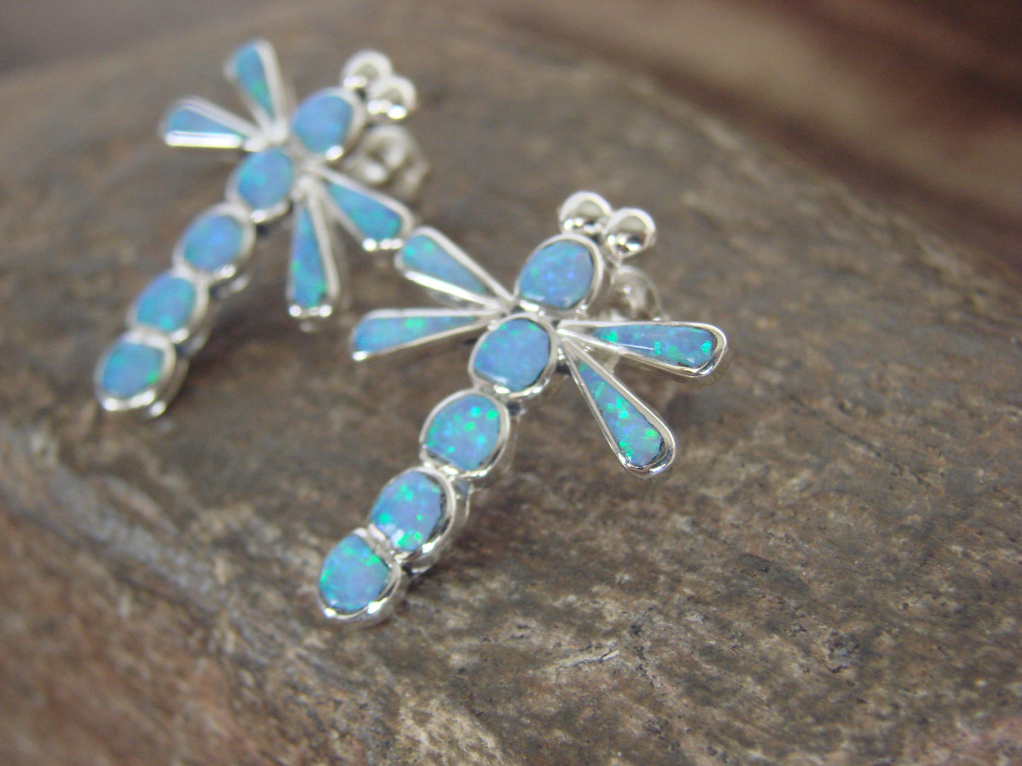 Native American Sterling Silver Blue Opal Dragonfly Post Earrings by Edaakie