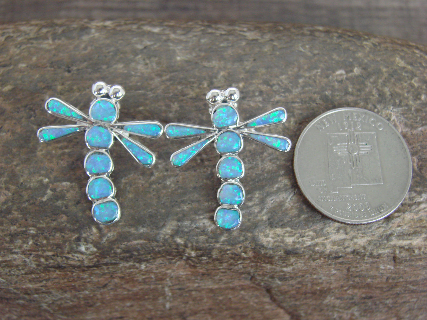 Native American Sterling Silver Blue Opal Dragonfly Post Earrings by Edaakie