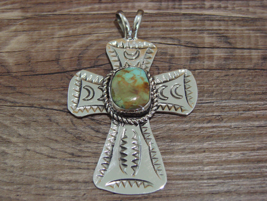 Navajo Indian Nickel Silver & Turquoise Cross Pendant - Cleveland