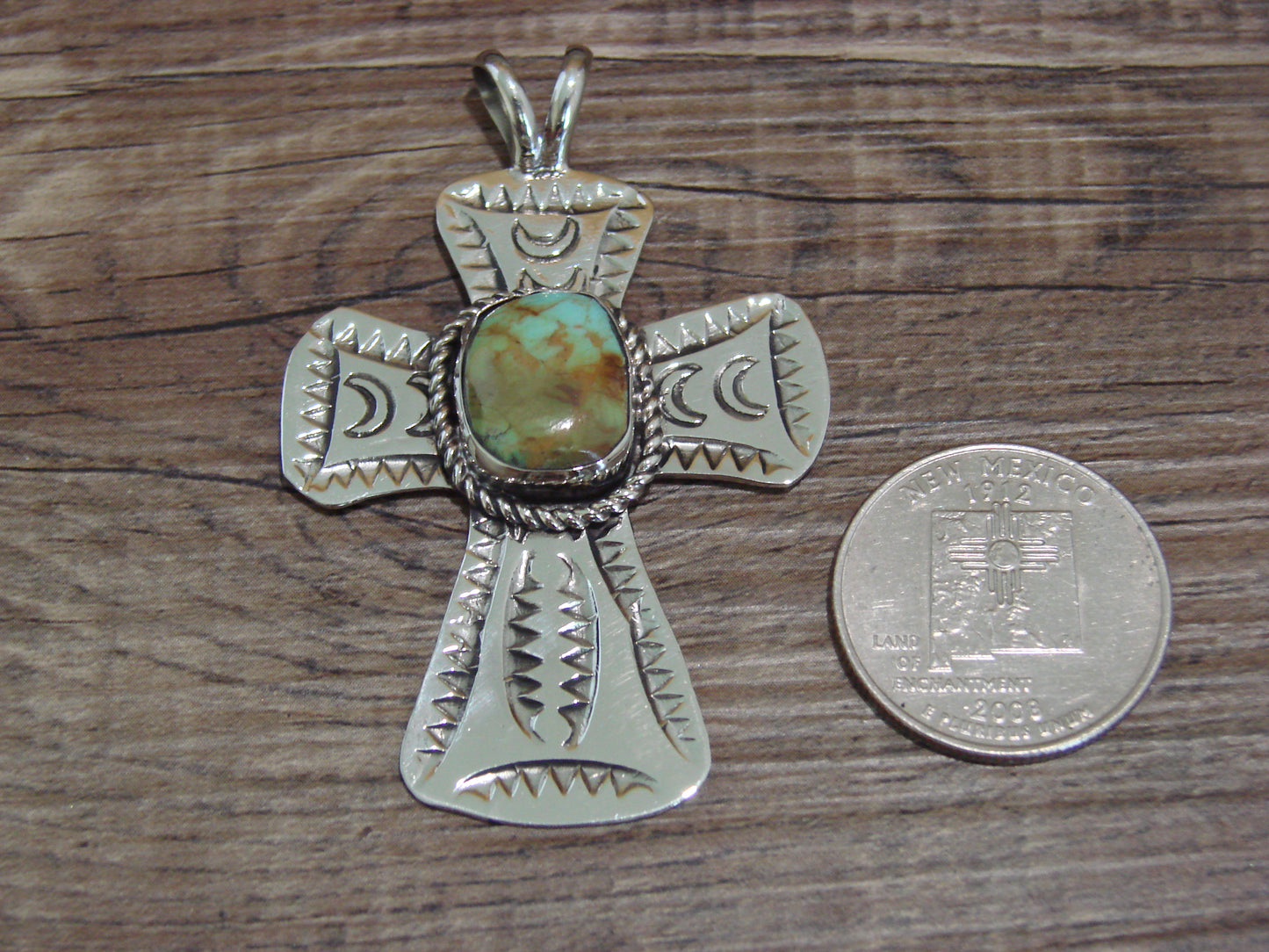 Navajo Indian Nickel Silver & Turquoise Cross Pendant - Cleveland