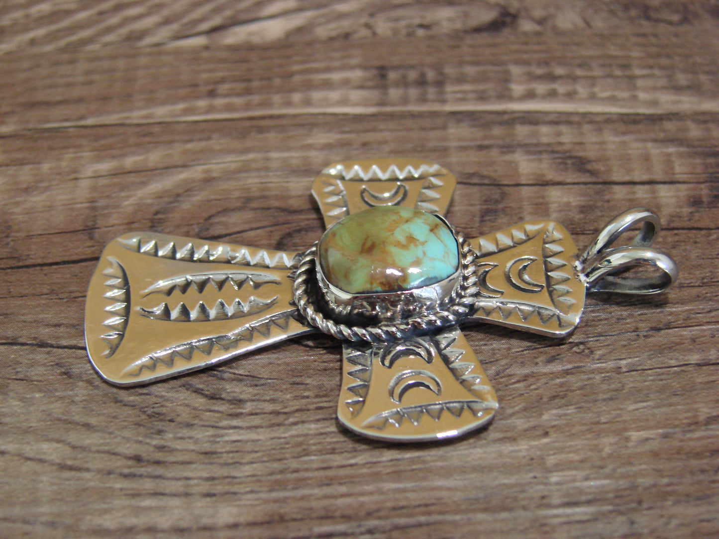 Navajo Indian Nickel Silver & Turquoise Cross Pendant - Cleveland