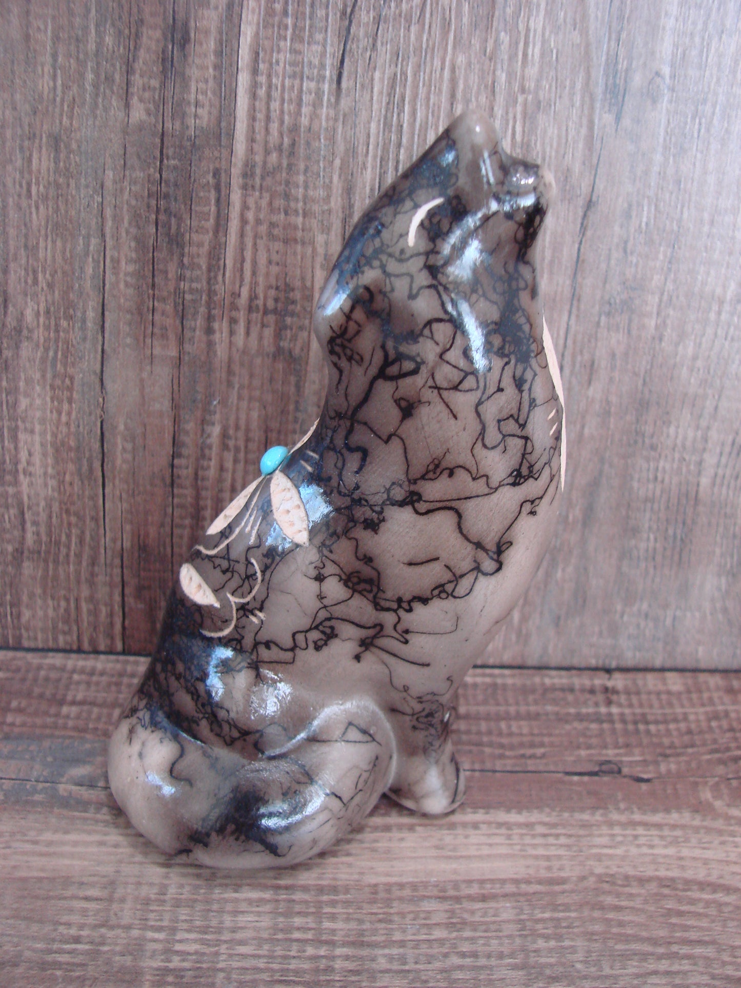 Navajo Pottery Horse Hair Howling Wolf Sculpture by Vail