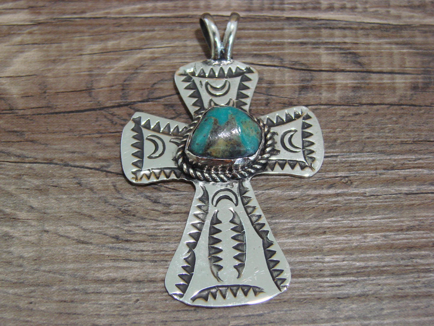Navajo Indian Nickel Silver & Turquoise Cross Pendant - Cleveland