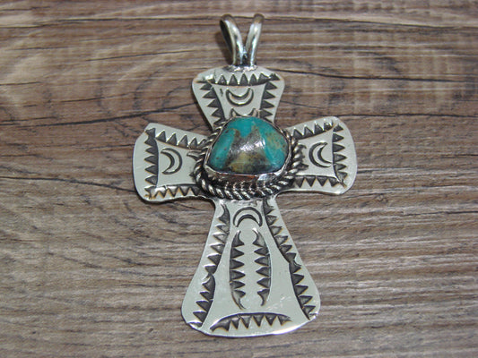 Navajo Indian Nickel Silver & Turquoise Cross Pendant - Cleveland