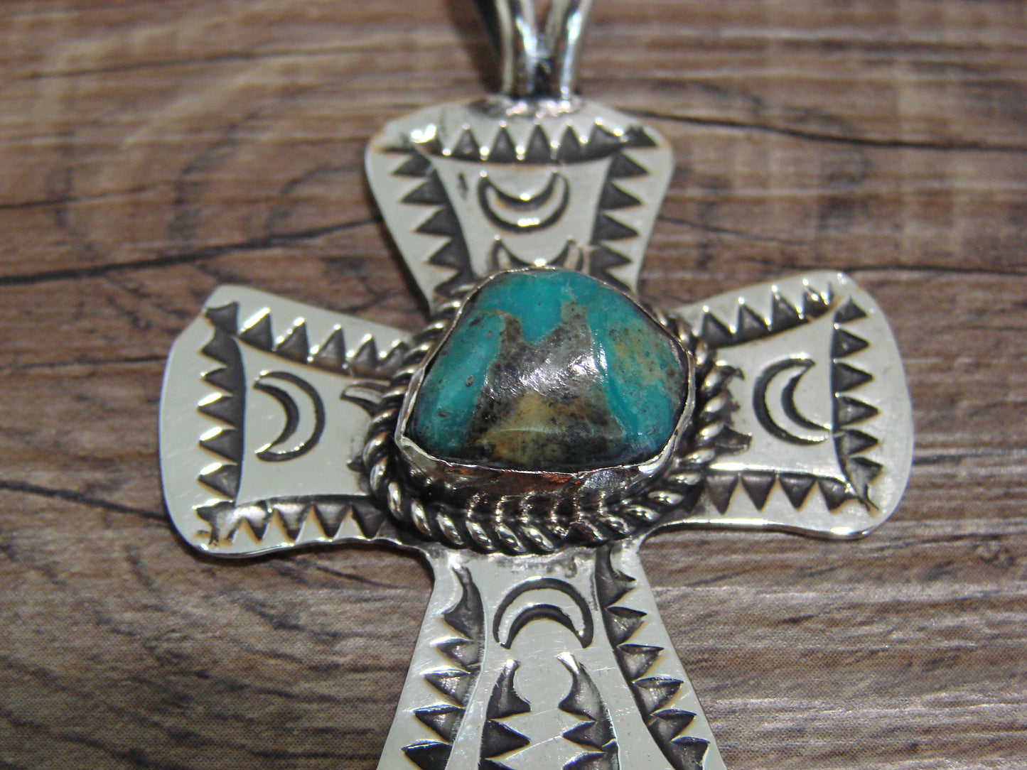Navajo Indian Nickel Silver & Turquoise Cross Pendant - Cleveland