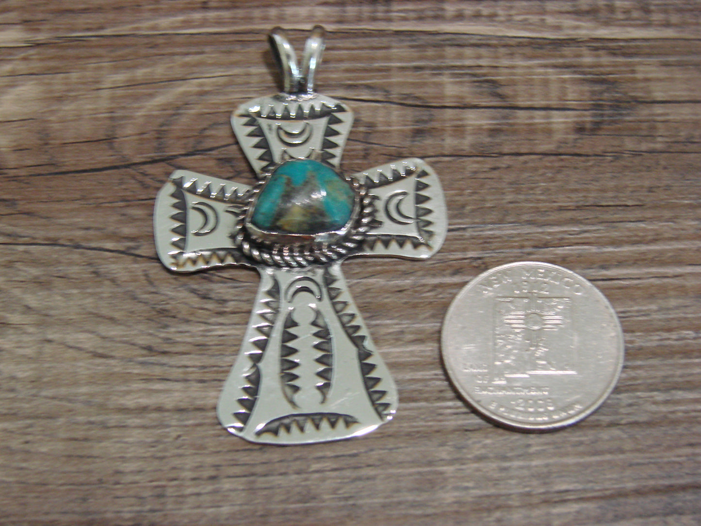 Navajo Indian Nickel Silver & Turquoise Cross Pendant - Cleveland