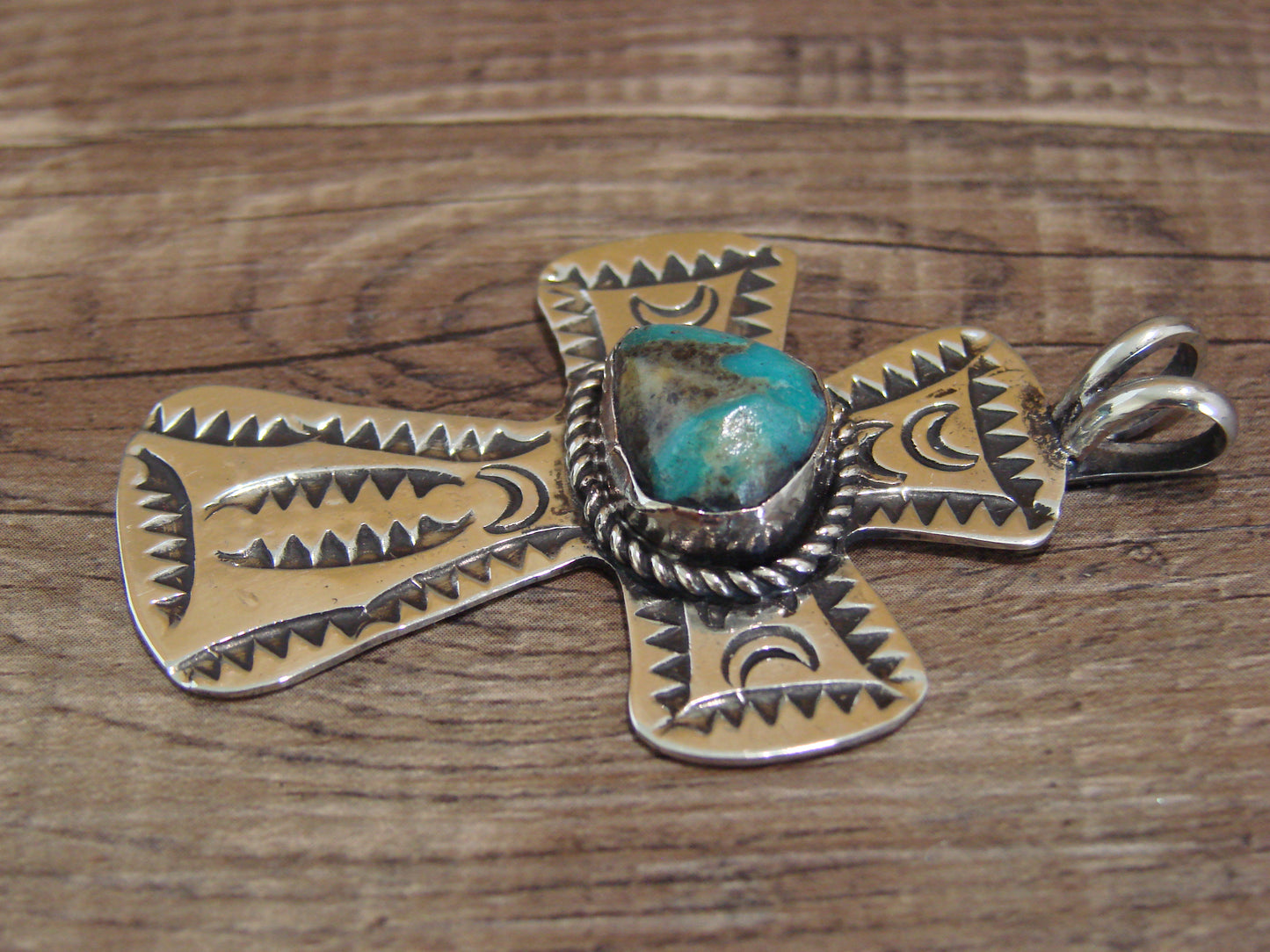 Navajo Indian Nickel Silver & Turquoise Cross Pendant - Cleveland