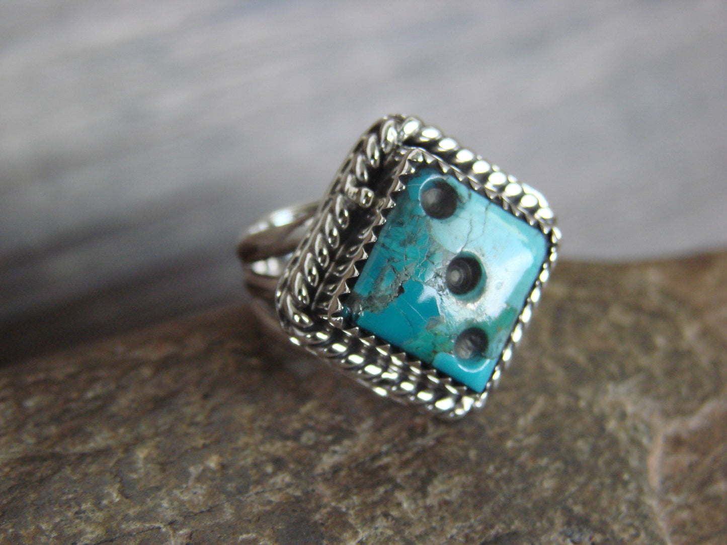 Native American Sterling Silver & Turquoise Dice Ring by Bahe- Size 4.5