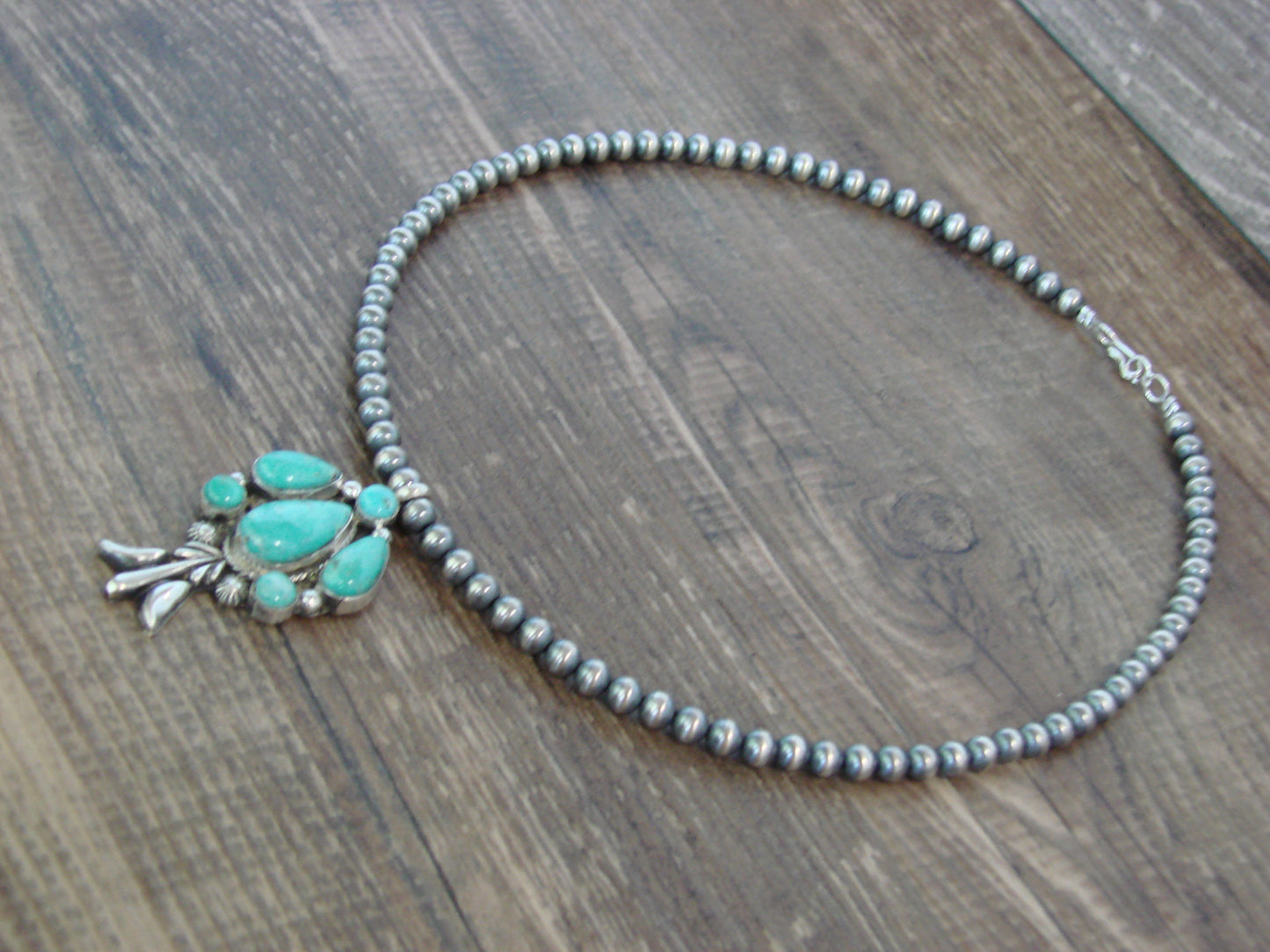 Native American 16" Sterling Silver Cluster Turquoise & Navajo Pearl Necklace by Platero