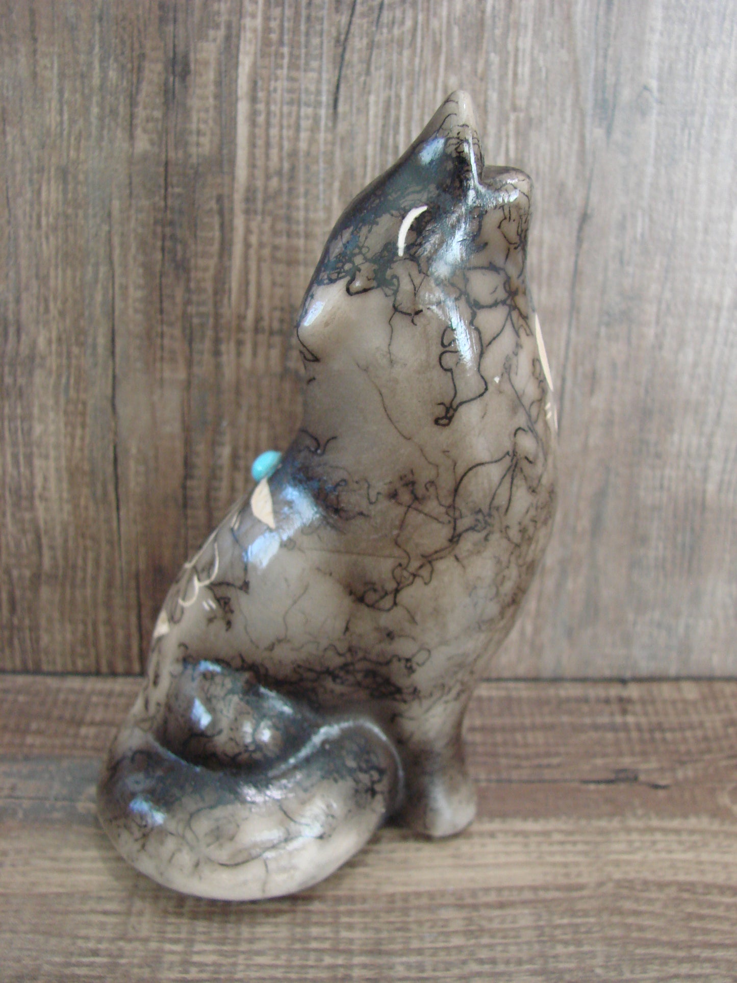Navajo Pottery Horse Hair Howling Wolf Sculpture by Vail