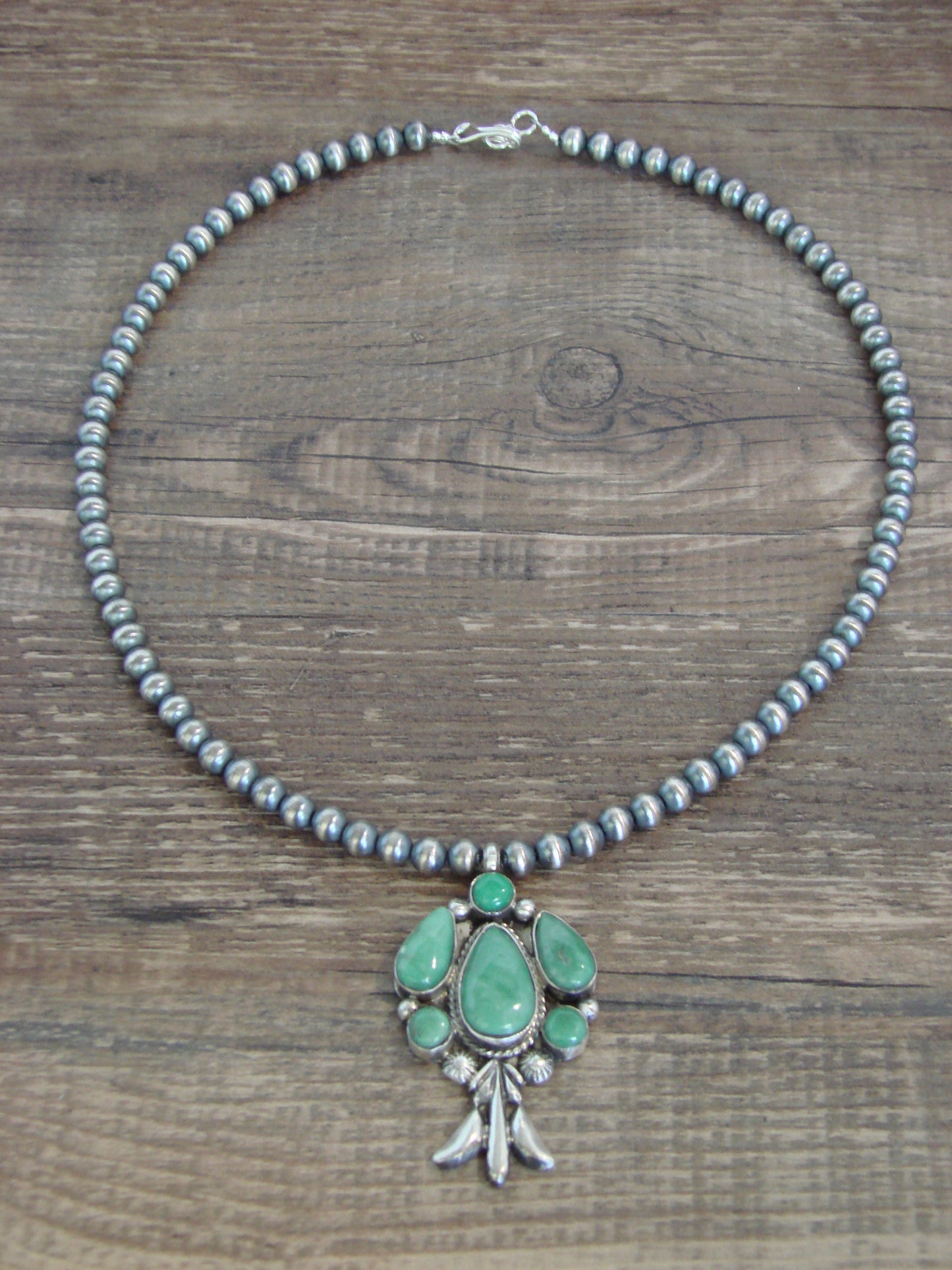 Native American 16" Sterling Silver Cluster Turquoise & Navajo Pearl Necklace by Platero