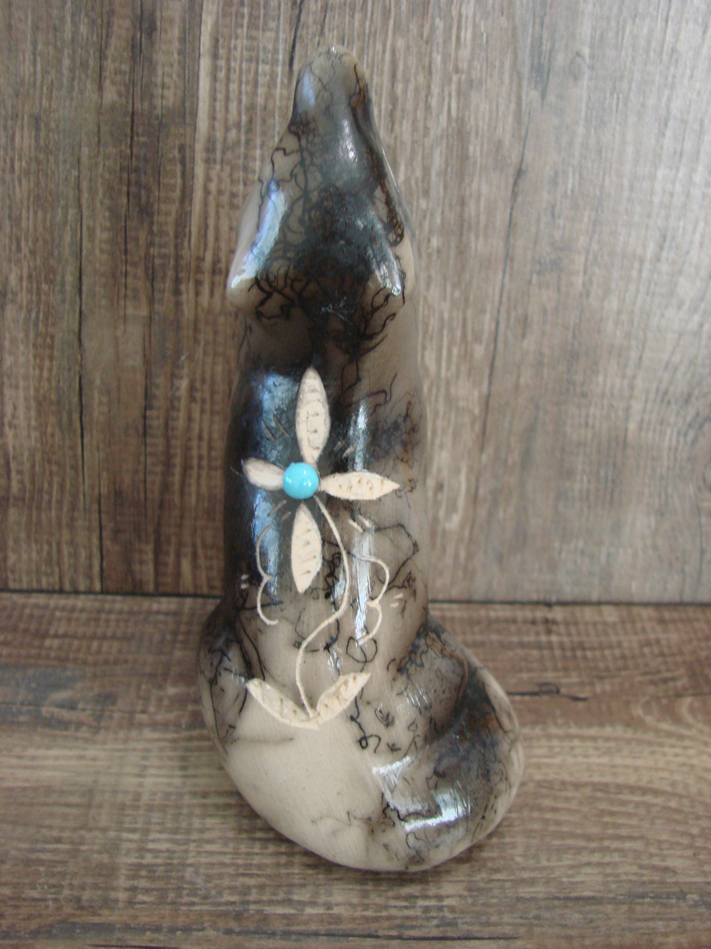Navajo Pottery Horse Hair Howling Wolf Sculpture by Vail