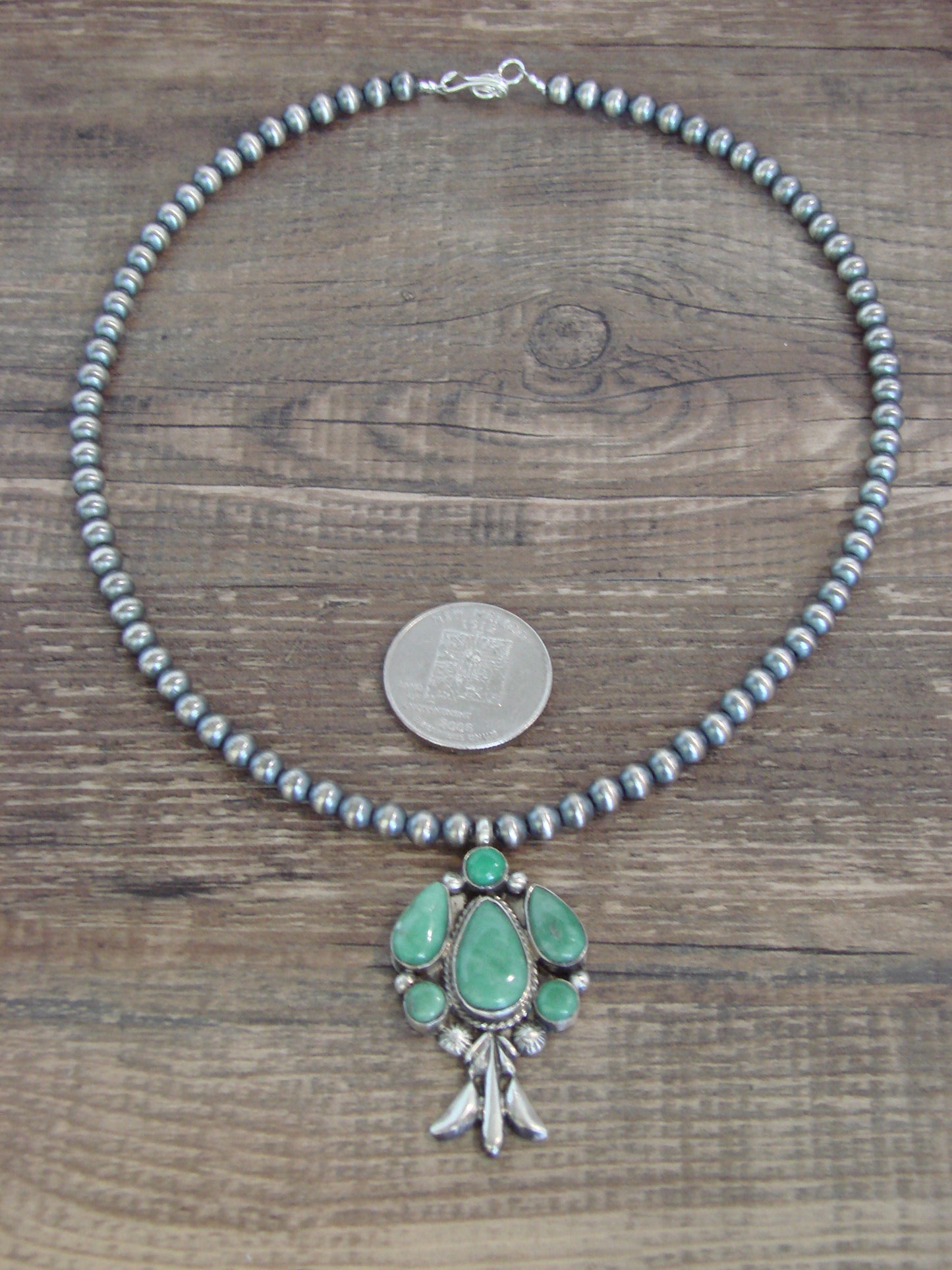 Native American 16" Sterling Silver Cluster Turquoise & Navajo Pearl Necklace by Platero