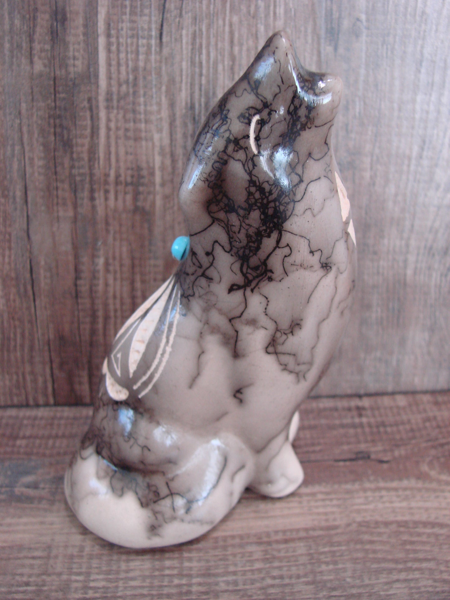 Navajo Pottery Horse Hair Howling Wolf Sculpture by Vail