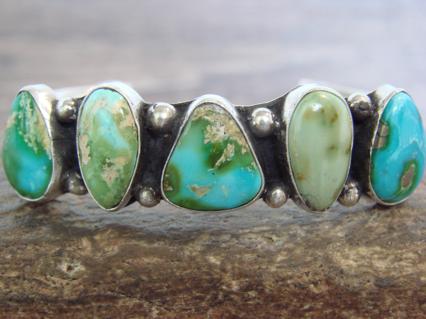 Native American Sterling Silver & Sonoran Turquoise Row Bracelet by Morgan