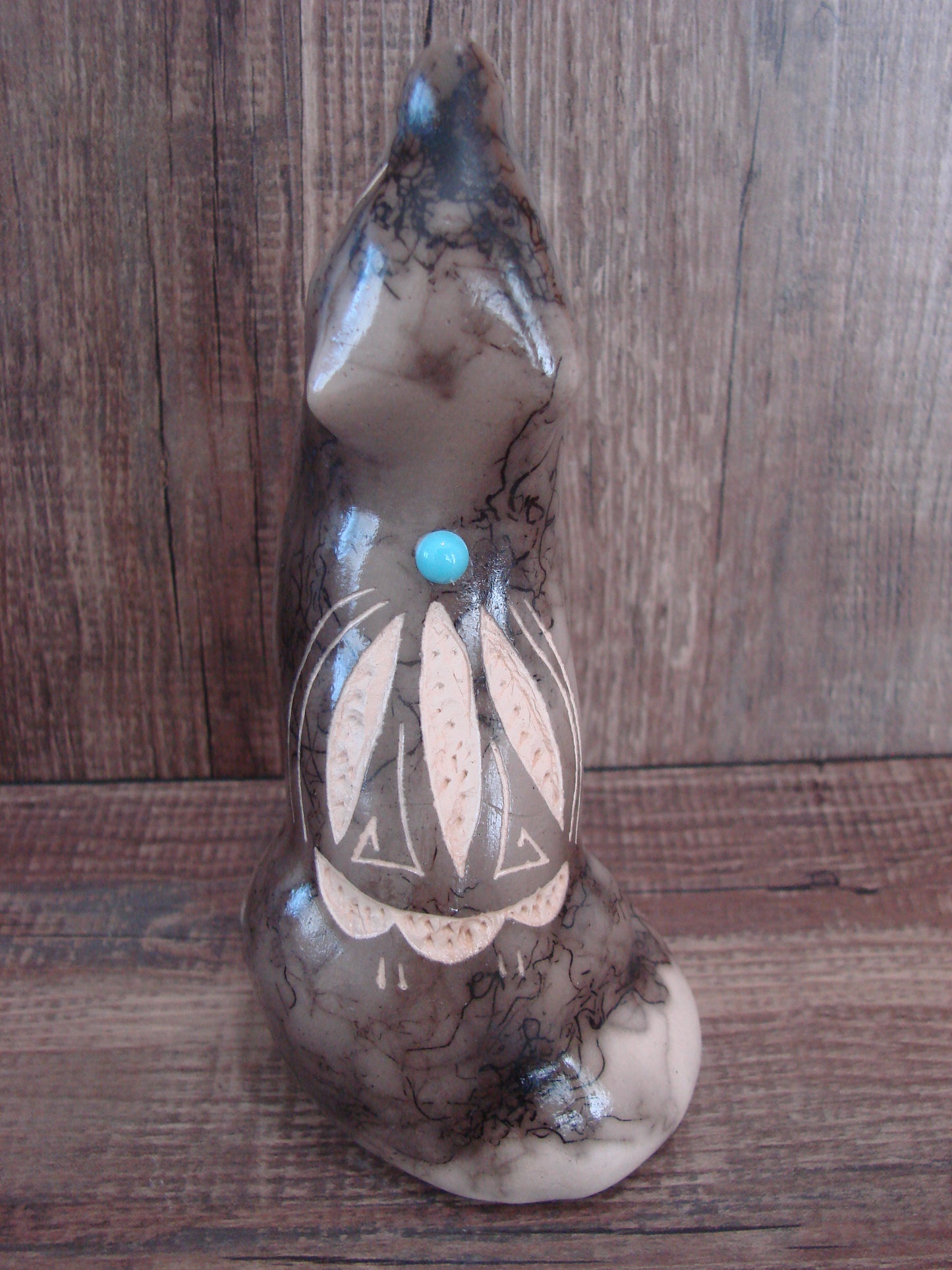 Navajo Pottery Horse Hair Howling Wolf Sculpture by Vail
