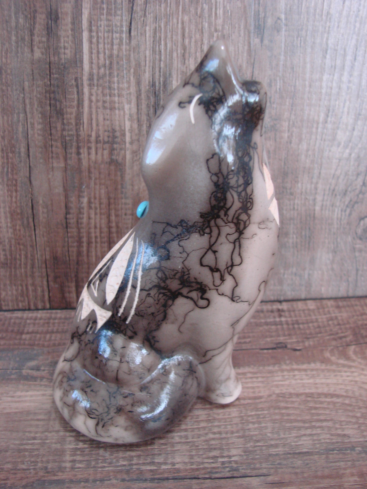 Navajo Pottery Horse Hair Howling Wolf Sculpture by Vail