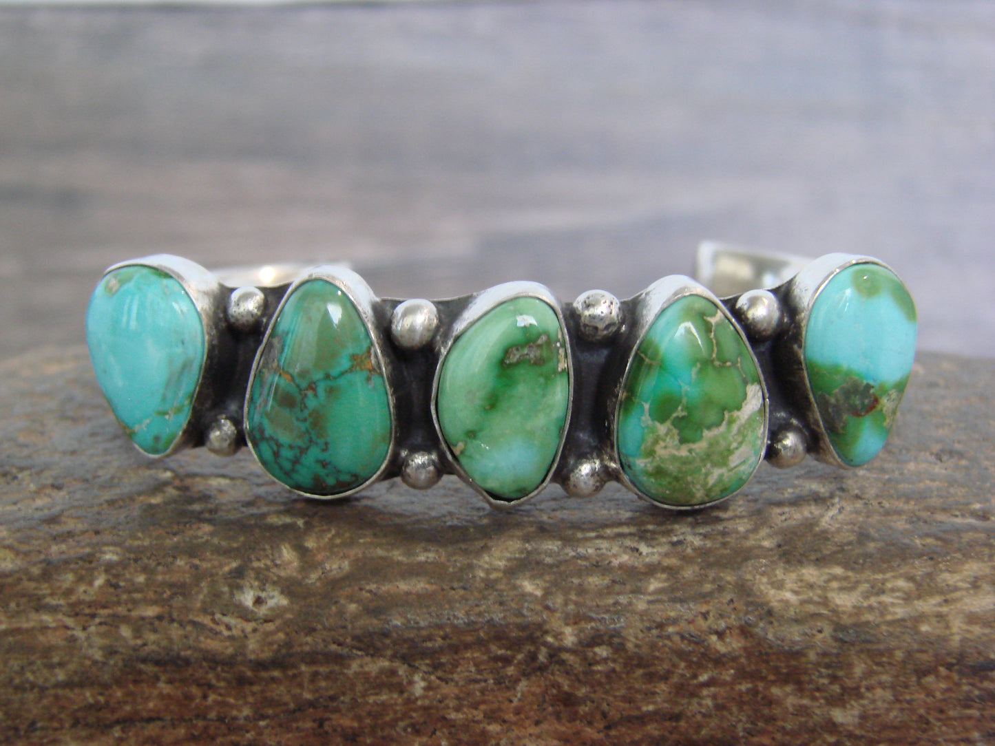 Native American Sterling Silver & Sonoran Turquoise Row Bracelet by Morgan