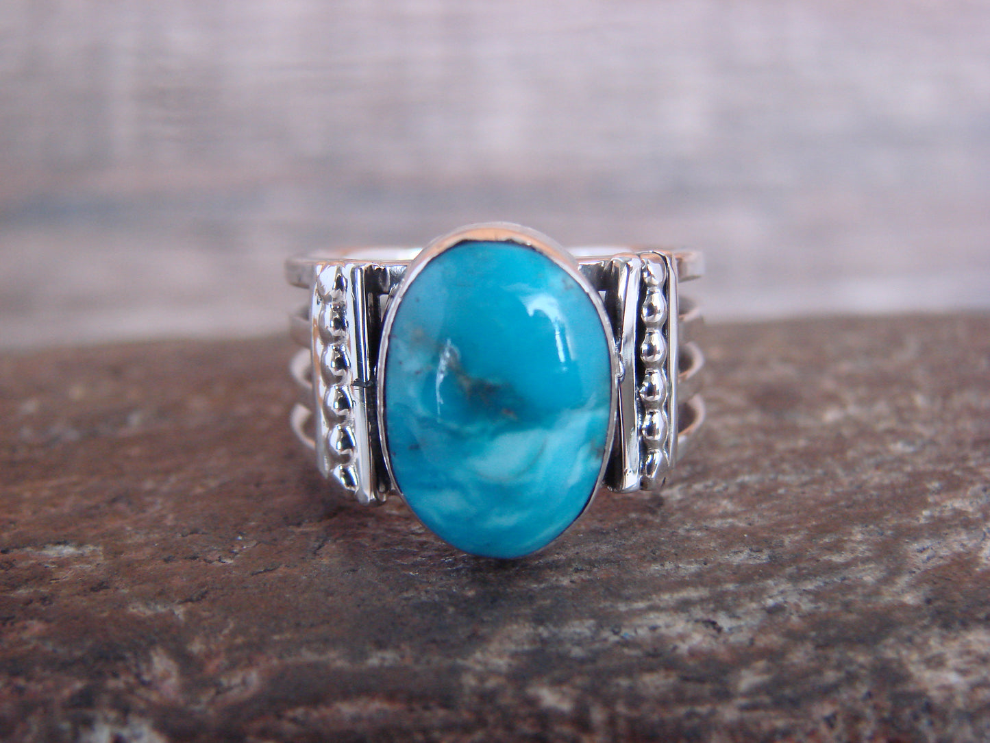 Native American Sterling Silver & Turquoise Ring Signed Yazzie - Size 8