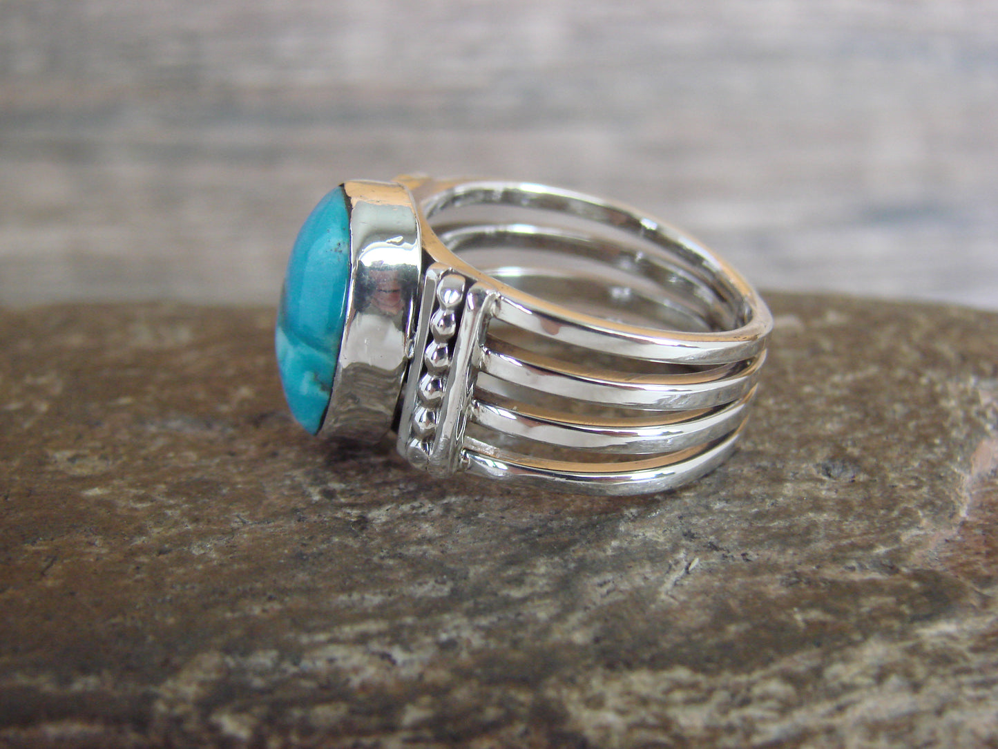 Native American Sterling Silver & Turquoise Ring Signed Yazzie - Size 8