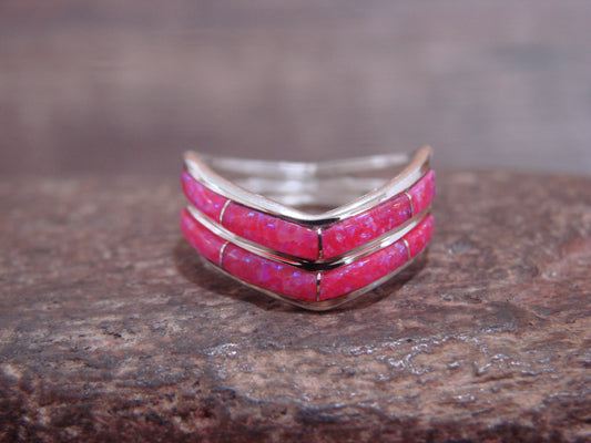 Native American Sterling Silver Pink Opal Inlay Ring by Johnson - Size 6.5