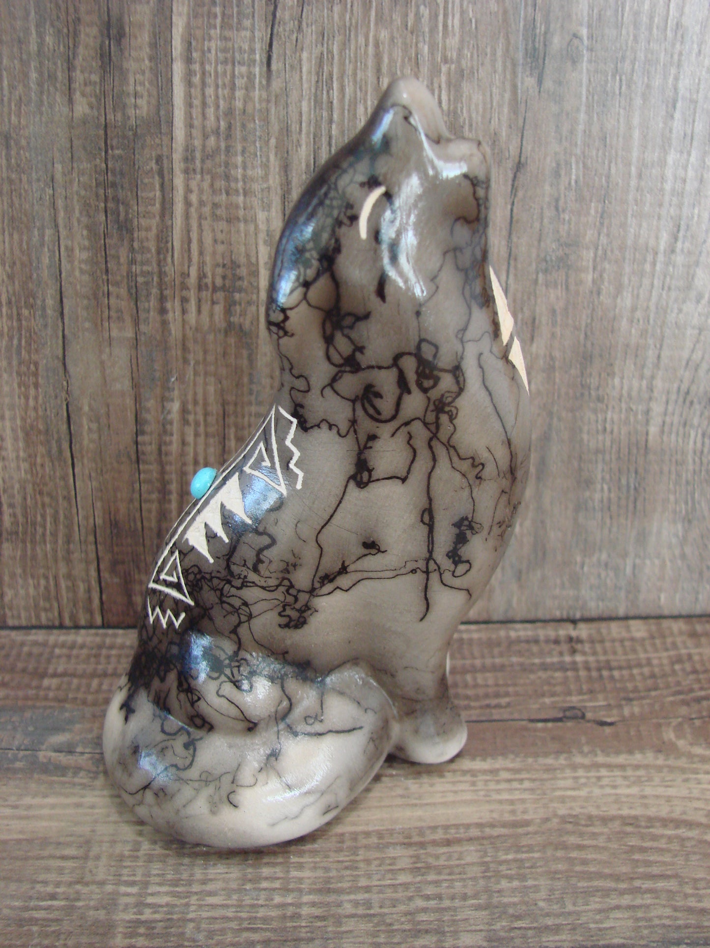 Navajo Pottery Horse Hair Howling Wolf Sculpture by Vail