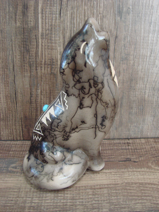 Navajo Pottery Horse Hair Howling Wolf Sculpture by Vail