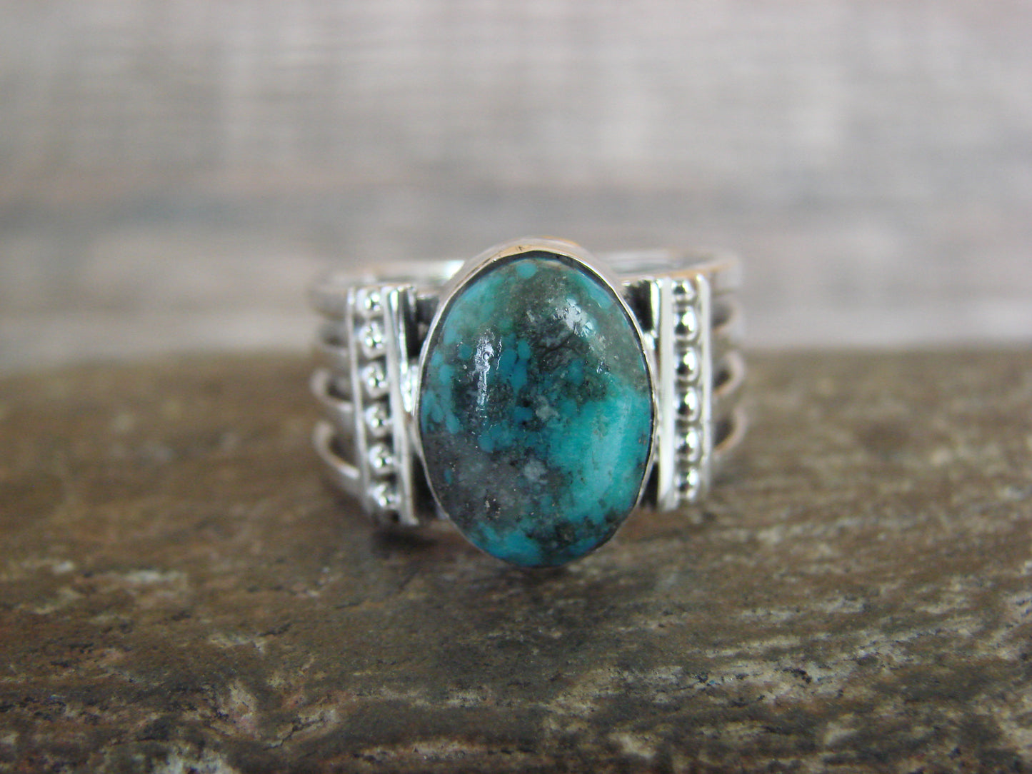 Native American Sterling Silver & Turquoise Ring Signed Yazzie - Size 9