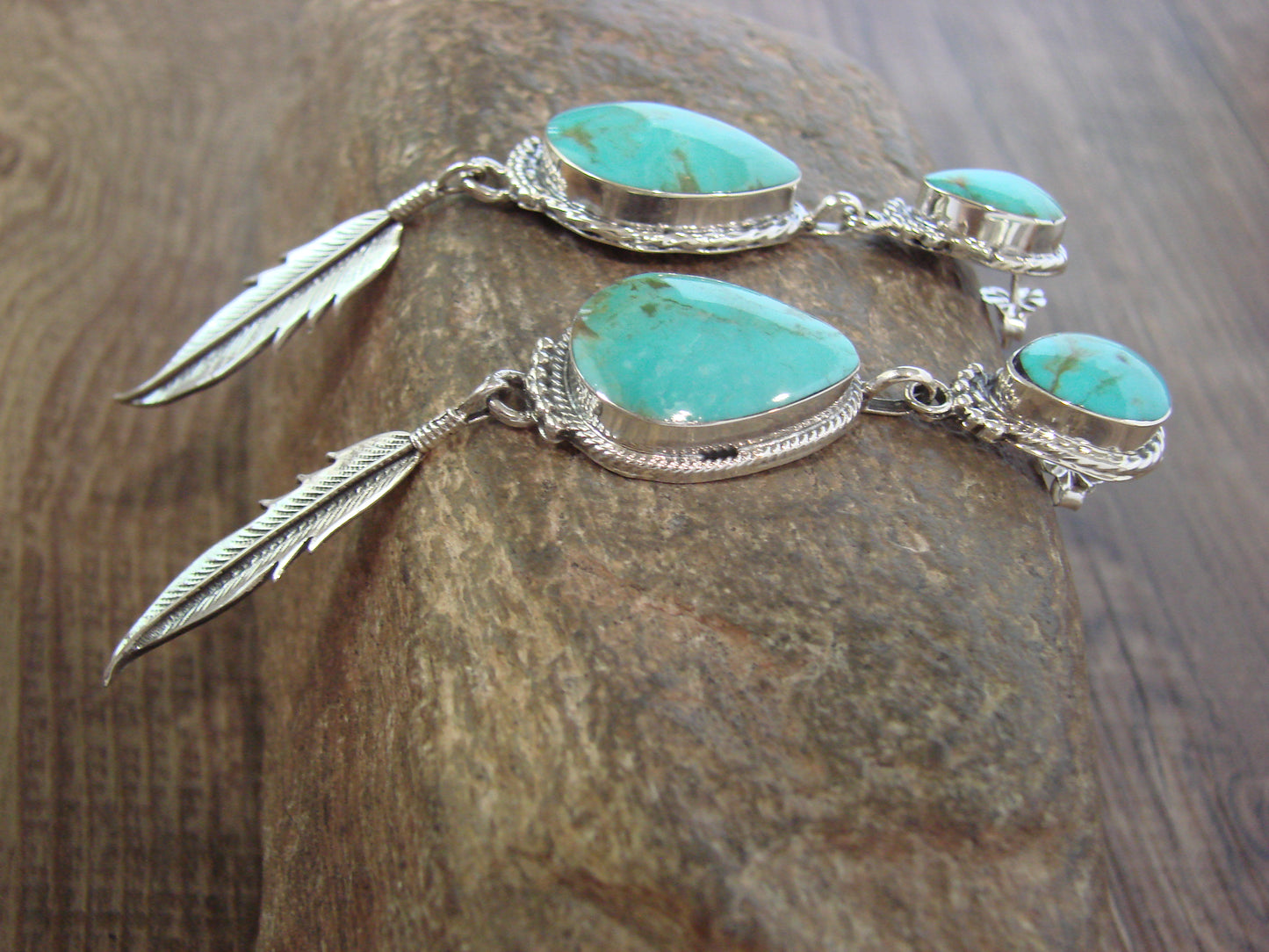 Native American Sterling Silver & Turquoise Post Feather Dangle Earrings by Smith