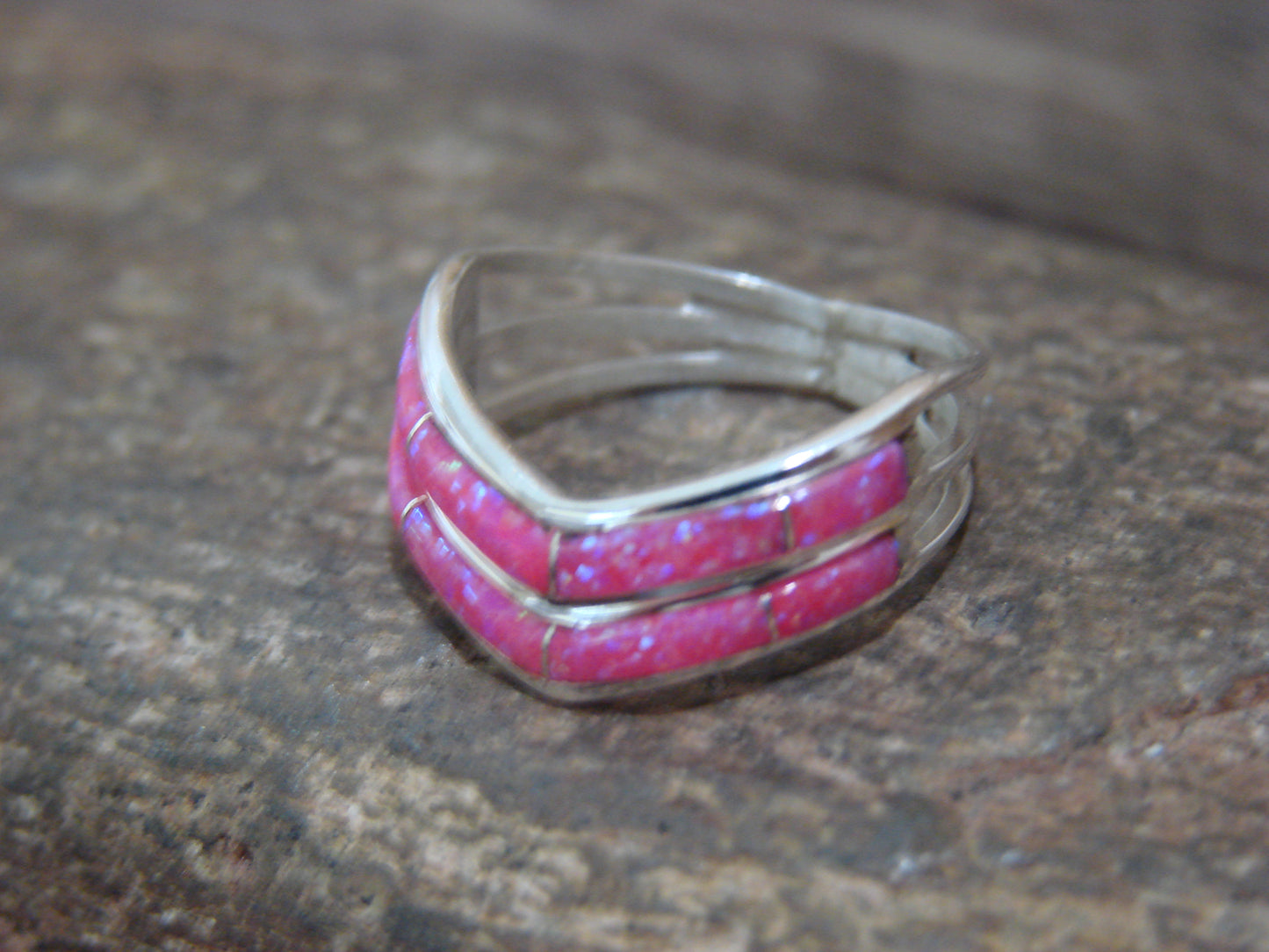 Native American Sterling Silver Pink Opal Inlay Ring by Johnson - Size 6.5