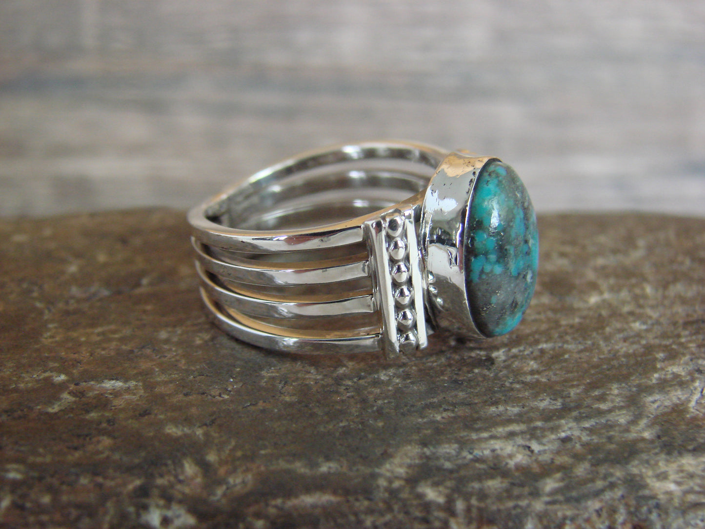 Native American Sterling Silver & Turquoise Ring Signed Yazzie - Size 9