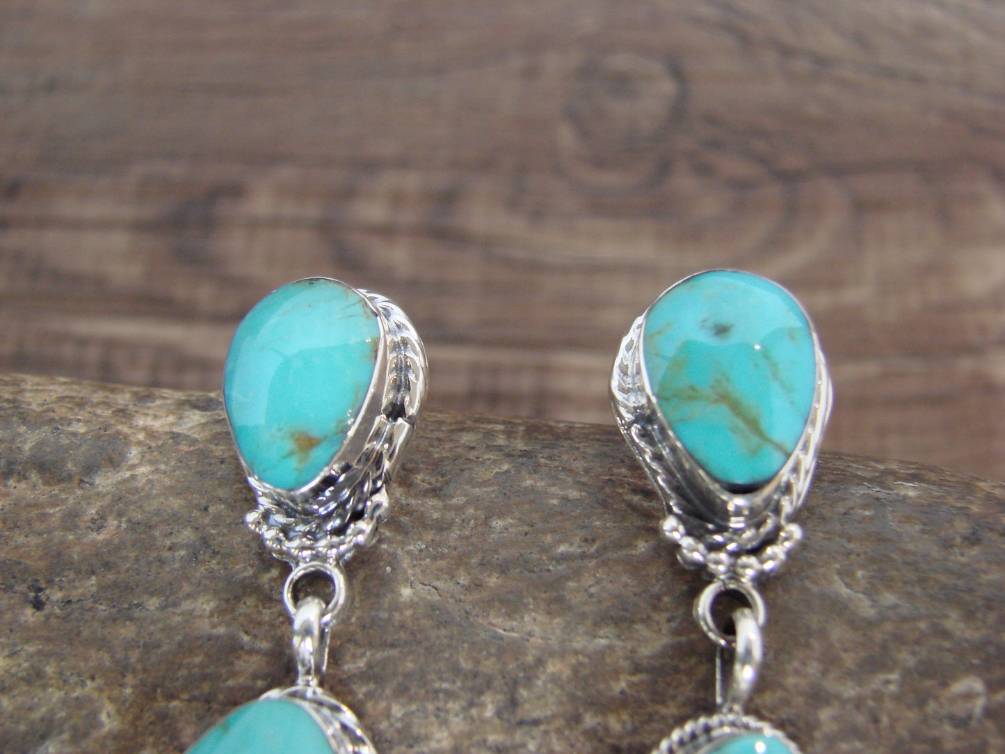 Native American Sterling Silver & Turquoise Post Feather Dangle Earrings by Smith