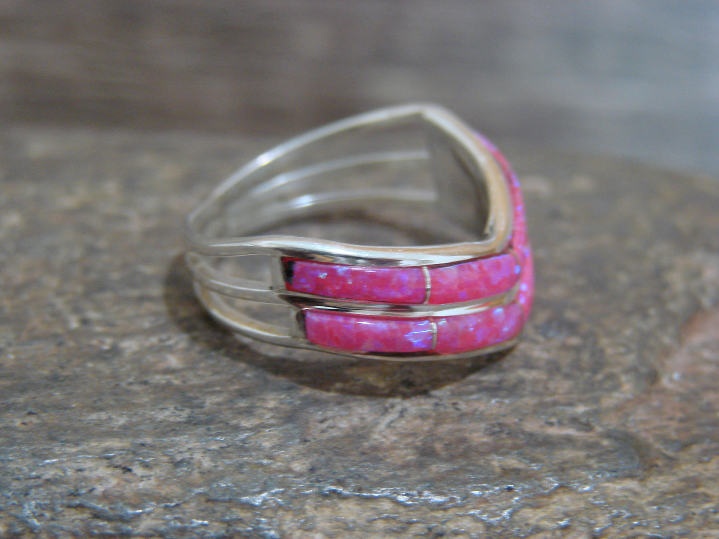 Native American Sterling Silver Pink Opal Inlay Ring by Johnson - Size 6.5