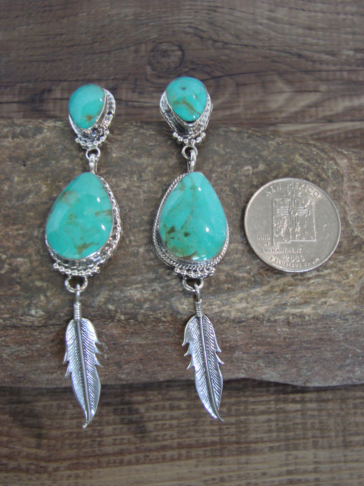 Native American Sterling Silver & Turquoise Post Feather Dangle Earrings by Smith