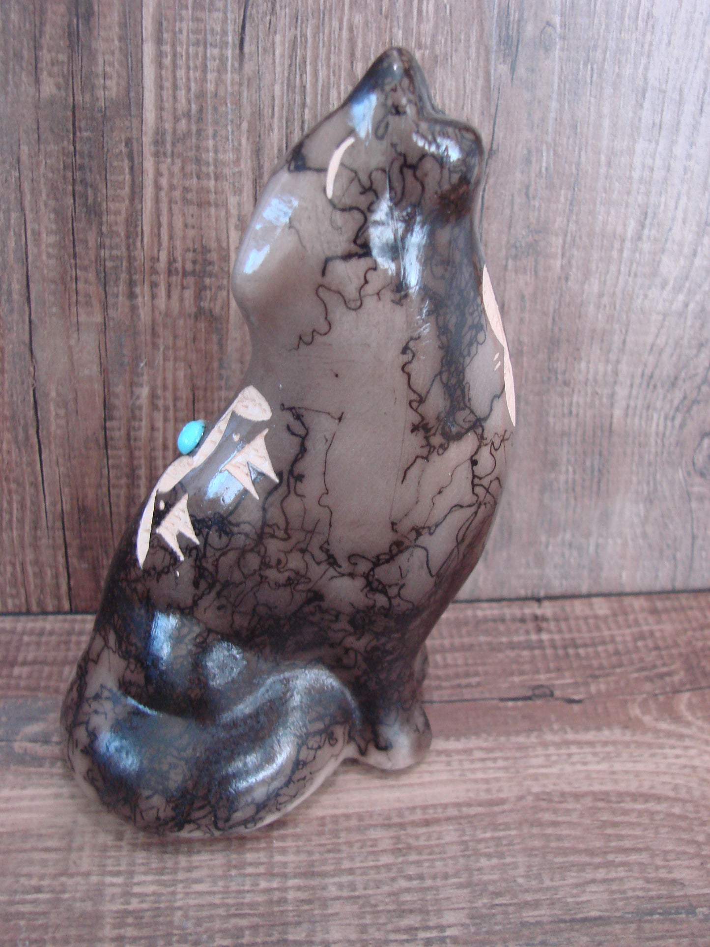 Navajo Pottery Horse Hair Howling Wolf Sculpture by Vail