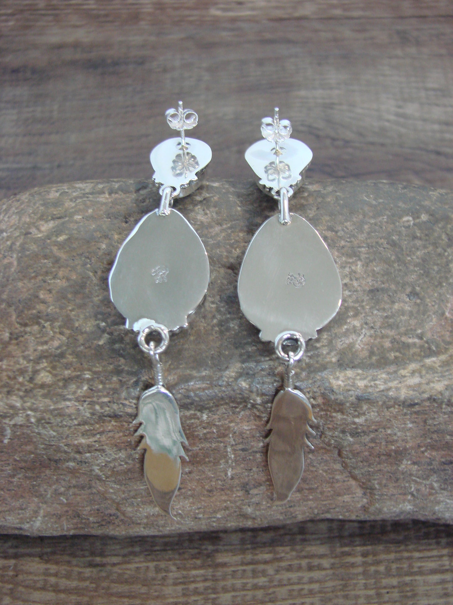 Native American Sterling Silver & Turquoise Post Feather Dangle Earrings by Smith