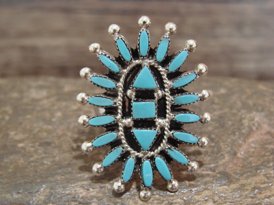 Native American Sterling Silver & Turquoise Cluster Needlepoint Ring - Hustito - Size 6.5
