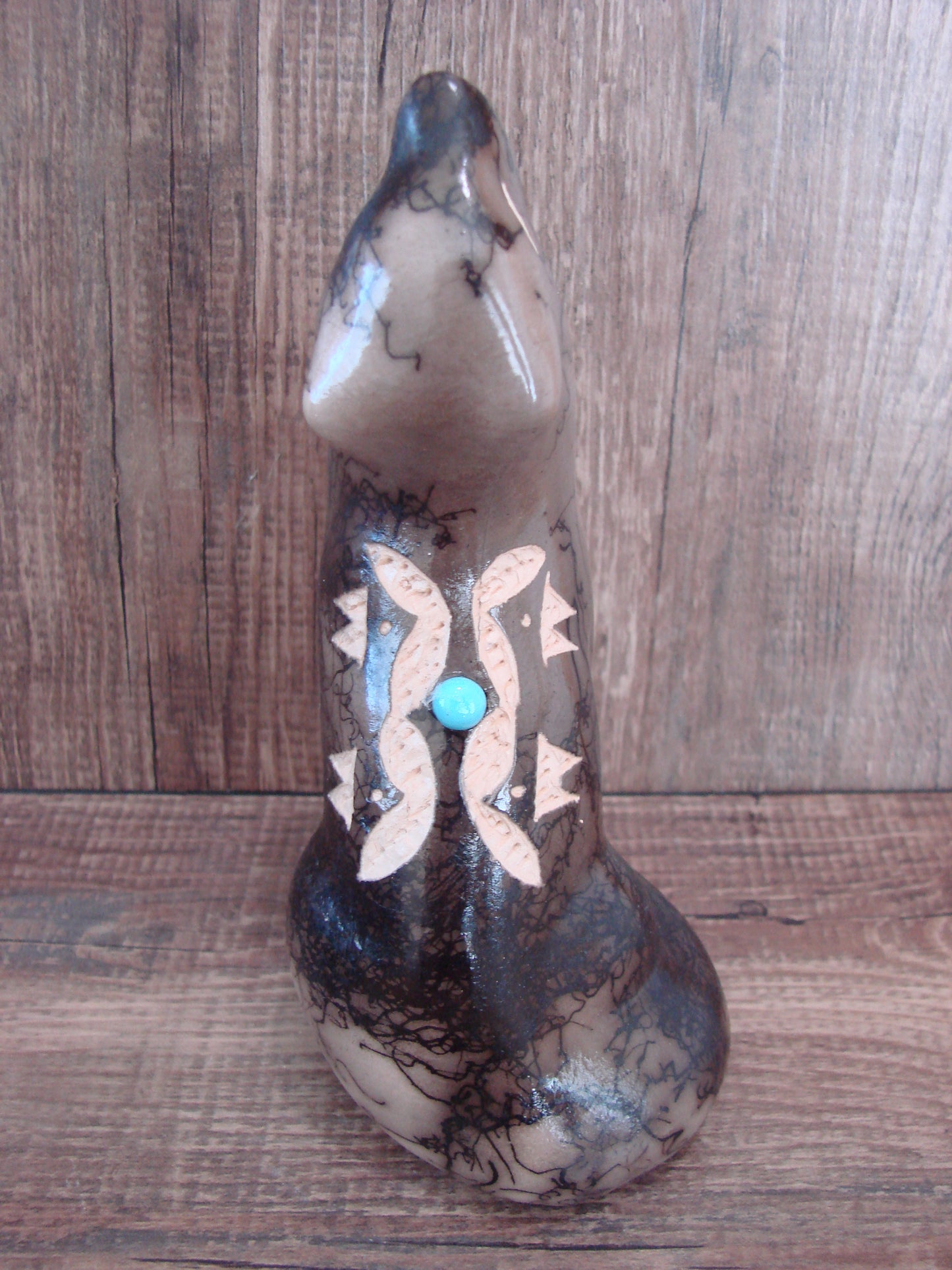 Navajo Pottery Horse Hair Howling Wolf Sculpture by Vail