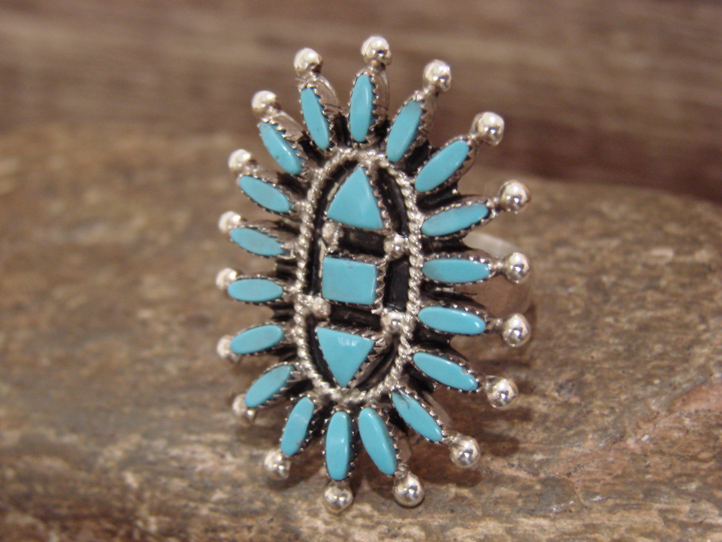 Native American Sterling Silver & Turquoise Cluster Needlepoint Ring - Hustito - Size 8.5