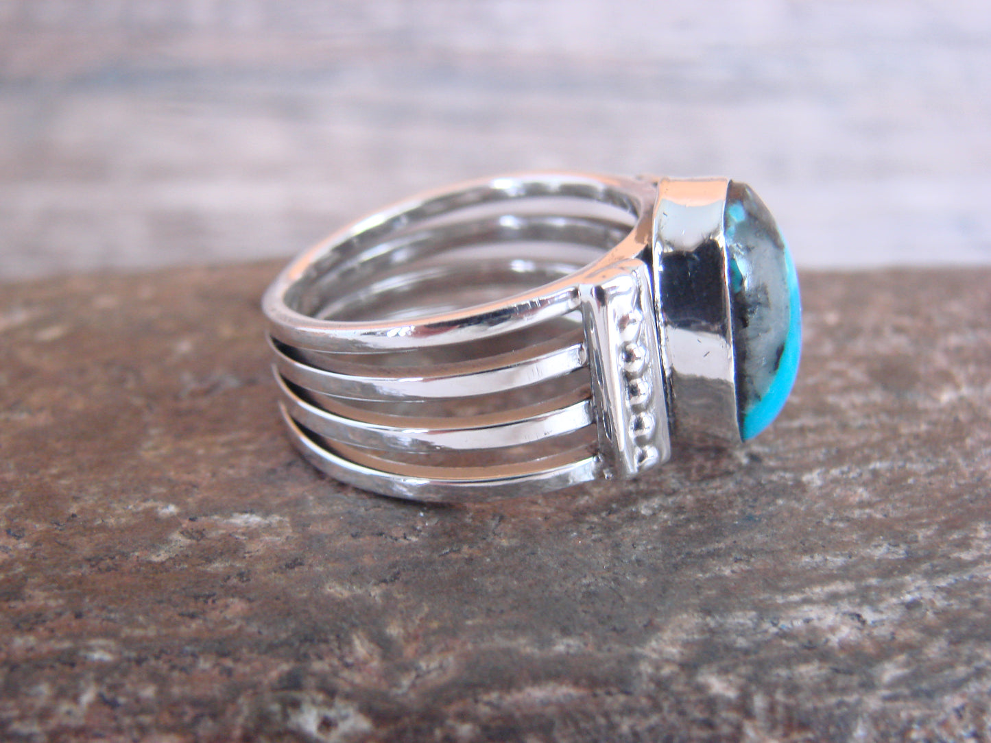 Native American Sterling Silver & Turquoise Ring Signed Yazzie - Size 9