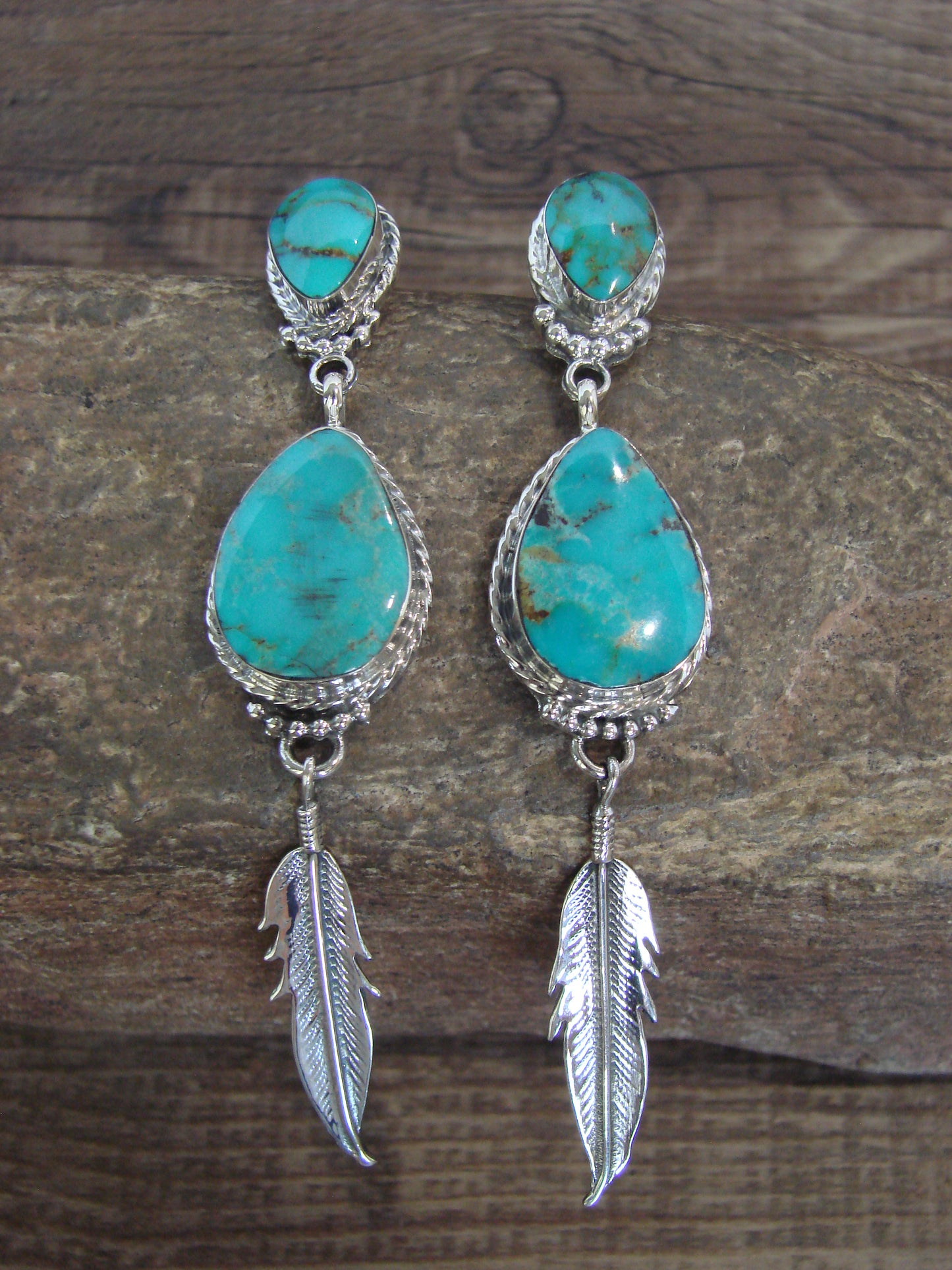 Native American Sterling Silver & Turquoise Post Feather Dangle Earrings by Smith
