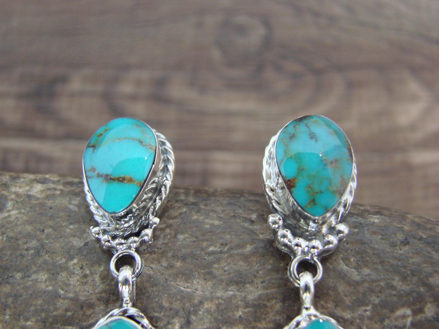 Native American Sterling Silver & Turquoise Post Feather Dangle Earrings by Smith