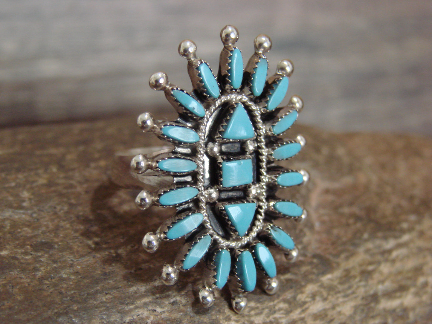 Native American Sterling Silver & Turquoise Cluster Needlepoint Ring - Hustito - Size 8.5